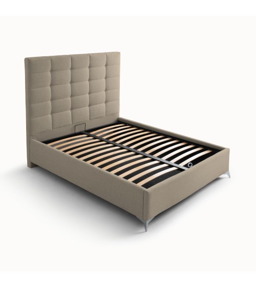 Letto matrimoniale Napoli Grande imbottito con contenitore in tessuto barrel 09 cappuccino con bottoni