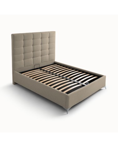 Letto matrimoniale Napoli Grande imbottito con contenitore in tessuto barrel 09 cappuccino con bottoni