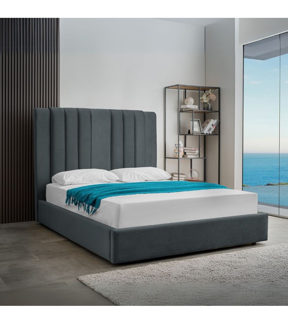 Letto matrimoniale Wilma imbottito con contenitore in tessuto Vogue 12 blu pacific