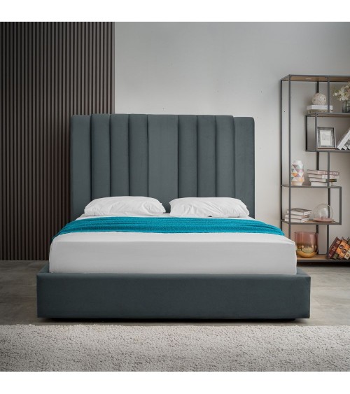 Letto matrimoniale Wilma imbottito con contenitore in tessuto Vogue 12 blu pacific