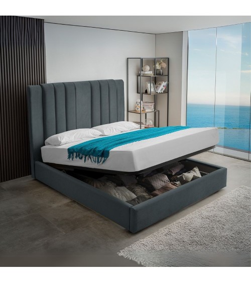 Letto matrimoniale Wilma imbottito con contenitore in tessuto Vogue 12 blu pacific
