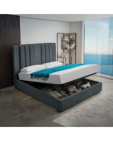 Letto matrimoniale Wilma imbottito con contenitore in tessuto Vogue 12 blu pacific