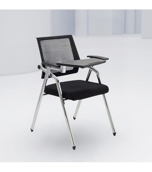 Sedia ufficio Loreto con tavolino ribaltabile, gambe in acciaio cromato e schienale in rete colore nero
