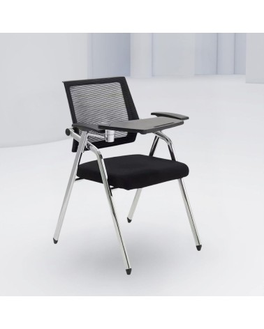 Sedia ufficio Loreto con tavolino ribaltabile, gambe in acciaio cromato e schienale in rete colore nero