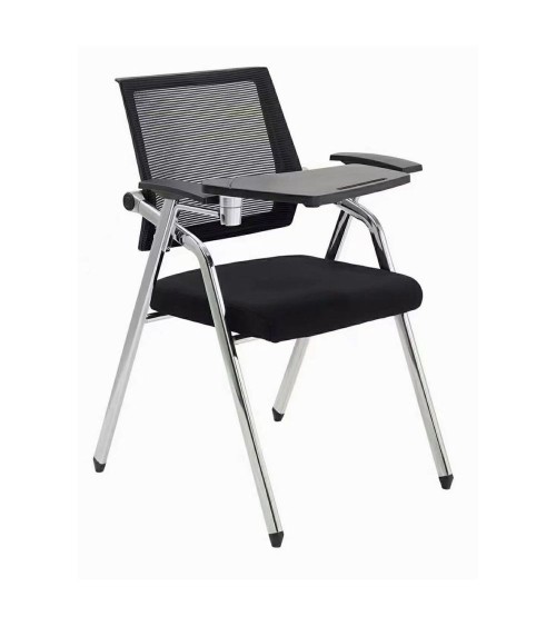 Sedia ufficio Loreto con tavolino ribaltabile, gambe in acciaio cromato e schienale in rete colore nero