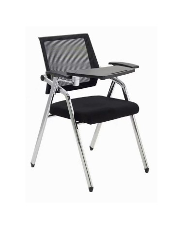 Sedia ufficio Loreto con tavolino ribaltabile, gambe in acciaio cromato e schienale in rete colore nero