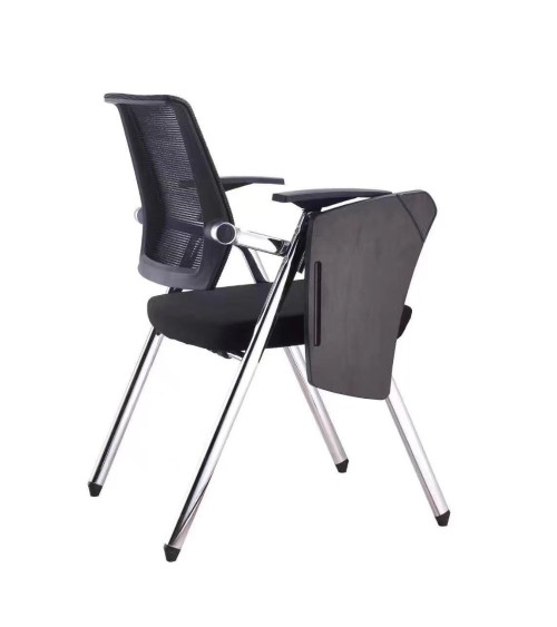 Sedia ufficio Loreto con tavolino ribaltabile, gambe in acciaio cromato e schienale in rete colore nero