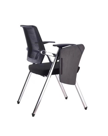 Sedia ufficio Loreto con tavolino ribaltabile, gambe in acciaio cromato e schienale in rete colore nero