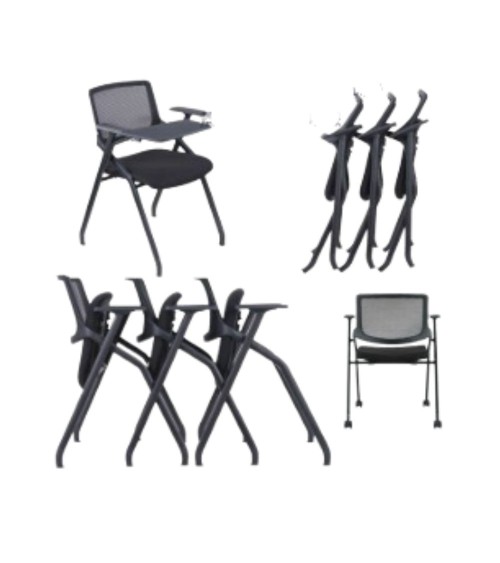 Sedia ufficio Loreto con tavolino ribaltabile, gambe in acciaio cromato e schienale in rete colore nero