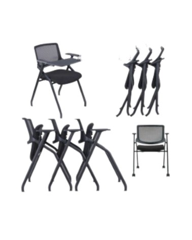 Sedia ufficio Loreto con tavolino ribaltabile, gambe in acciaio cromato e schienale in rete colore nero