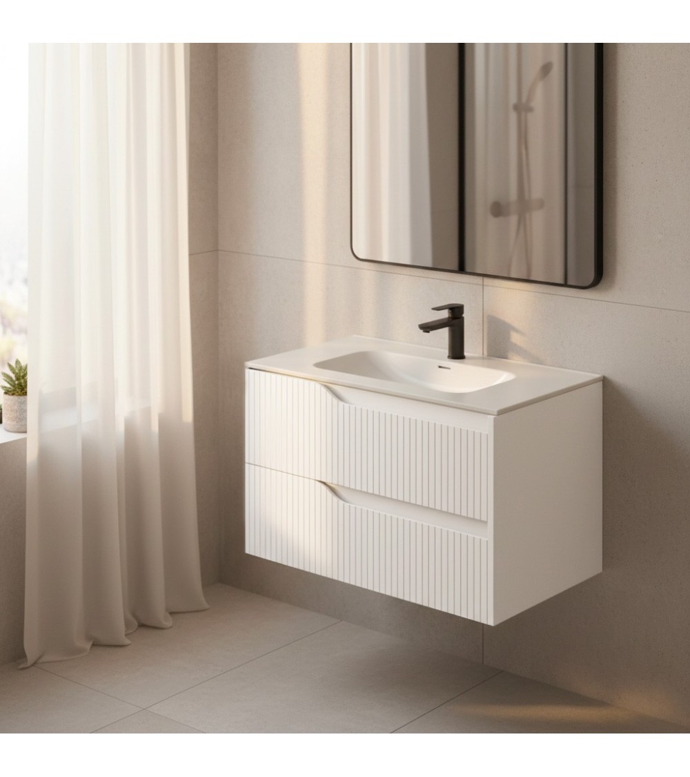 Mobile bagno sospeso Soho con due cassetti effetto cannettato colore bianco opaco 80x45x50 cm.
