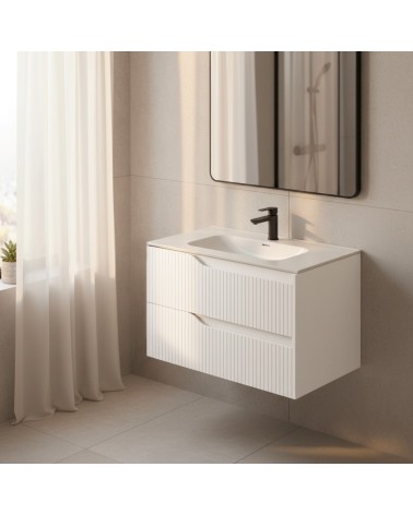Mobile bagno sospeso Soho con due cassetti effetto cannettato colore bianco opaco 80x45x50 cm.