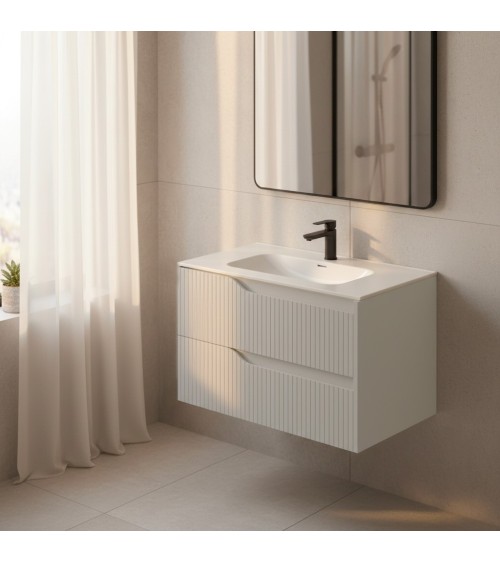 Mobile bagno sospeso Soho con due cassetti effetto cannettato colore cashmere opaco 80x45x50 cm.