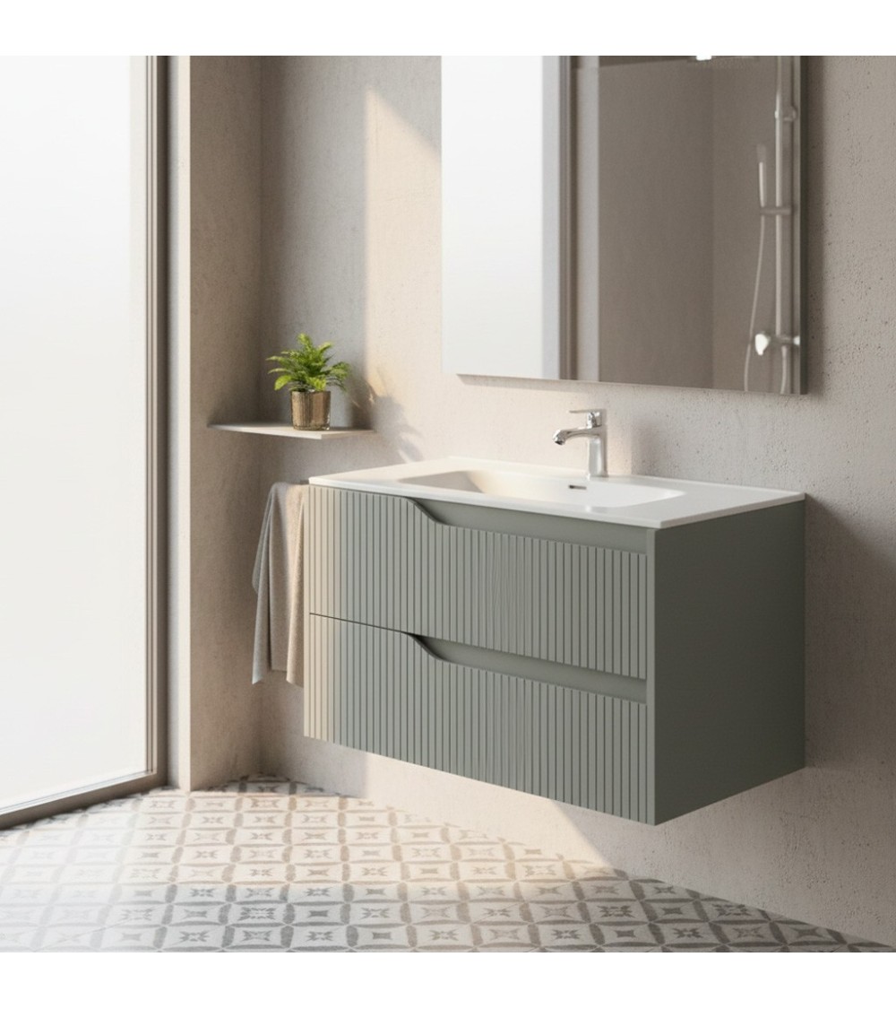 Mobile bagno sospeso Soho con due cassetti effetto cannettato colore verde opaco 80x45x50 cm.