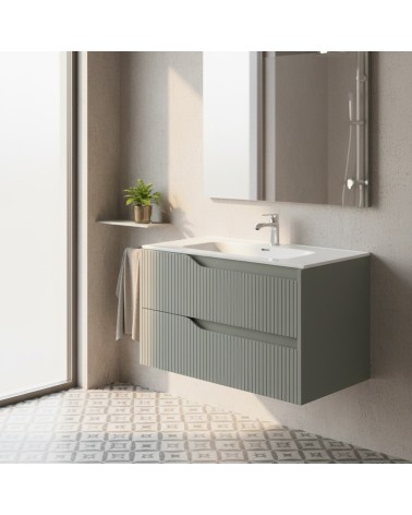 Mobile bagno sospeso Soho con due cassetti effetto cannettato colore verde opaco 80x45x50 cm.