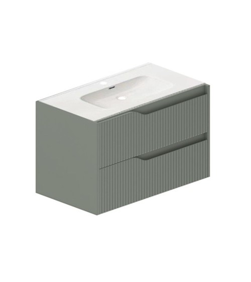 Mobile bagno sospeso Soho con due cassetti effetto cannettato colore verde opaco 80x45x50 cm.