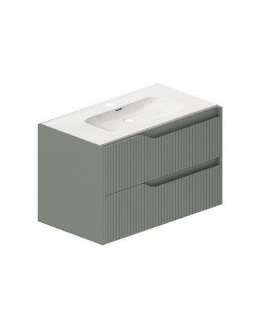 Mobile bagno sospeso Soho con due cassetti effetto cannettato colore verde opaco 80x45x50 cm.