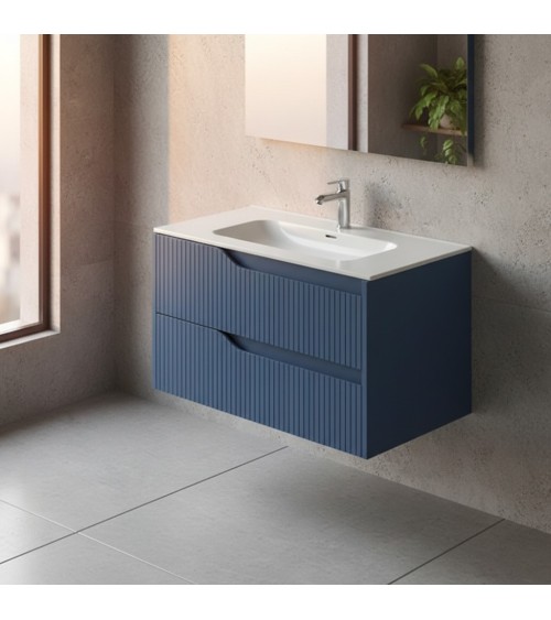 Mobile bagno sospeso Soho con due cassetti effetto cannettato colore azzurro 80x45x50 cm.