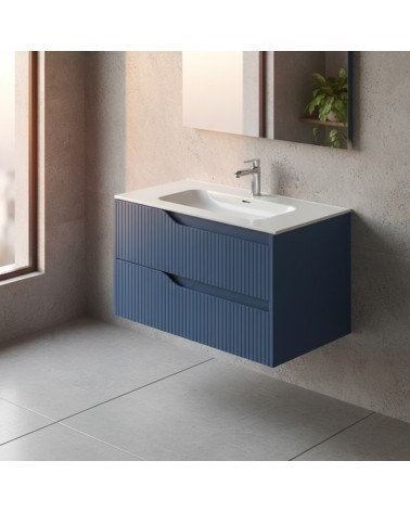 Mobile bagno sospeso Soho con due cassetti effetto cannettato colore azzurro 80x45x50 cm.