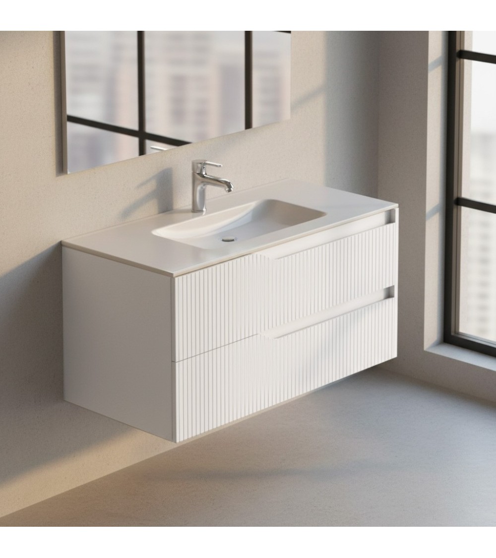 Mobile bagno sospeso Soho con due cassetti effetto cannettato colore bianco opaco 100x45x50 cm.