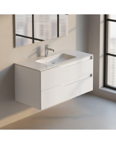 Mobile bagno sospeso Soho con due cassetti effetto cannettato colore bianco opaco 100x45x50 cm.