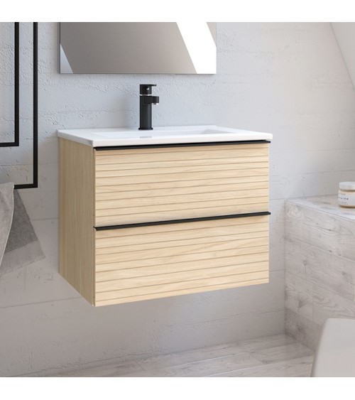 Mobile bagno sospeso Senda con 2 cassettoni colore rovere chiaro effetto cannettato e maniglie nere 80x45.5x48 cm.