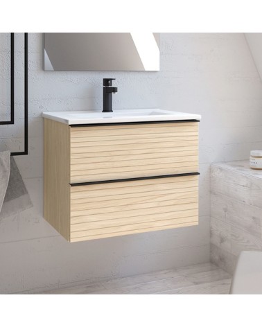Mobile bagno sospeso Senda con 2 cassettoni colore rovere chiaro effetto cannettato e maniglie nere 80x45.5x48 cm.