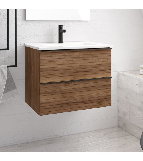 Mobile bagno sospeso Senda con 2 cassettoni colore noce effetto cannettato e maniglie nere 80x45.5x48 cm.