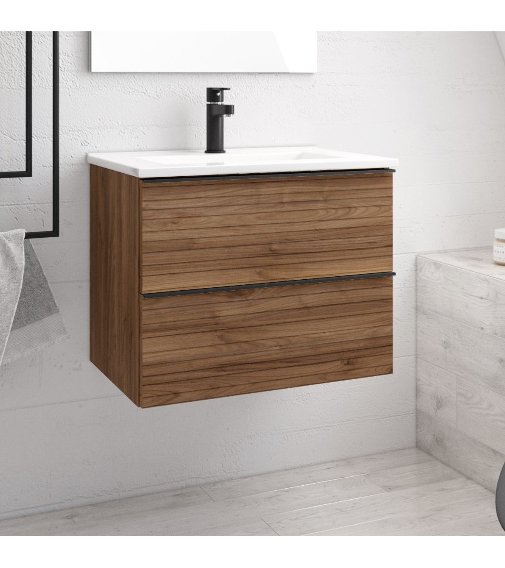Mobile bagno sospeso Senda con 2 cassettoni colore noce effetto cannettato e maniglie nere 80x45.5x48 cm.