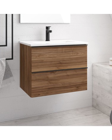 Mobile bagno sospeso Senda con 2 cassettoni colore noce effetto cannettato e maniglie nere 80x45.5x48 cm.