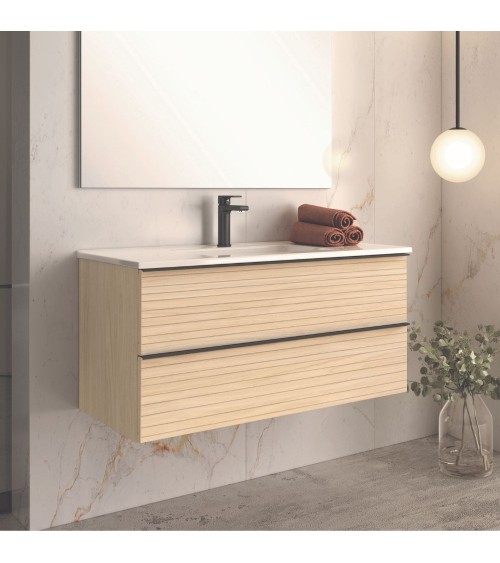 Mobile bagno sospeso Senda con 2 cassettoni colore rovere chiaro effetto cannettato e maniglie nere 100x45.5x48 cm.