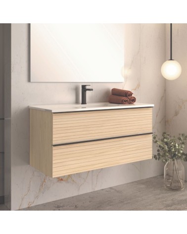 Mobile bagno sospeso Senda con 2 cassettoni colore rovere chiaro effetto cannettato e maniglie nere 100x45.5x48 cm.