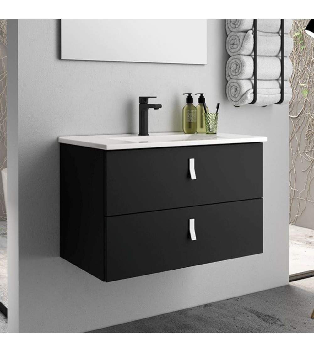 Mobile bagno sospeso Invicta con due cassetti colore nero e maniglie bianche 60x45x48 cm.