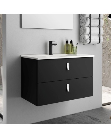 Mobile bagno sospeso Invicta con due cassetti colore nero e maniglie bianche 60x45x48 cm.