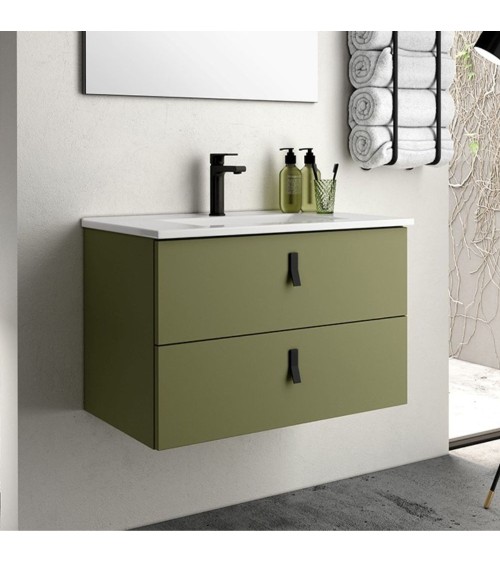 Mobile bagno sospeso Invicta con due cassetti colore verde oliva e maniglie nere 60x45x48 cm.