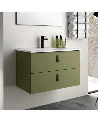 Mobile bagno sospeso Invicta con due cassetti colore verde oliva e maniglie nere 60x45x48 cm.