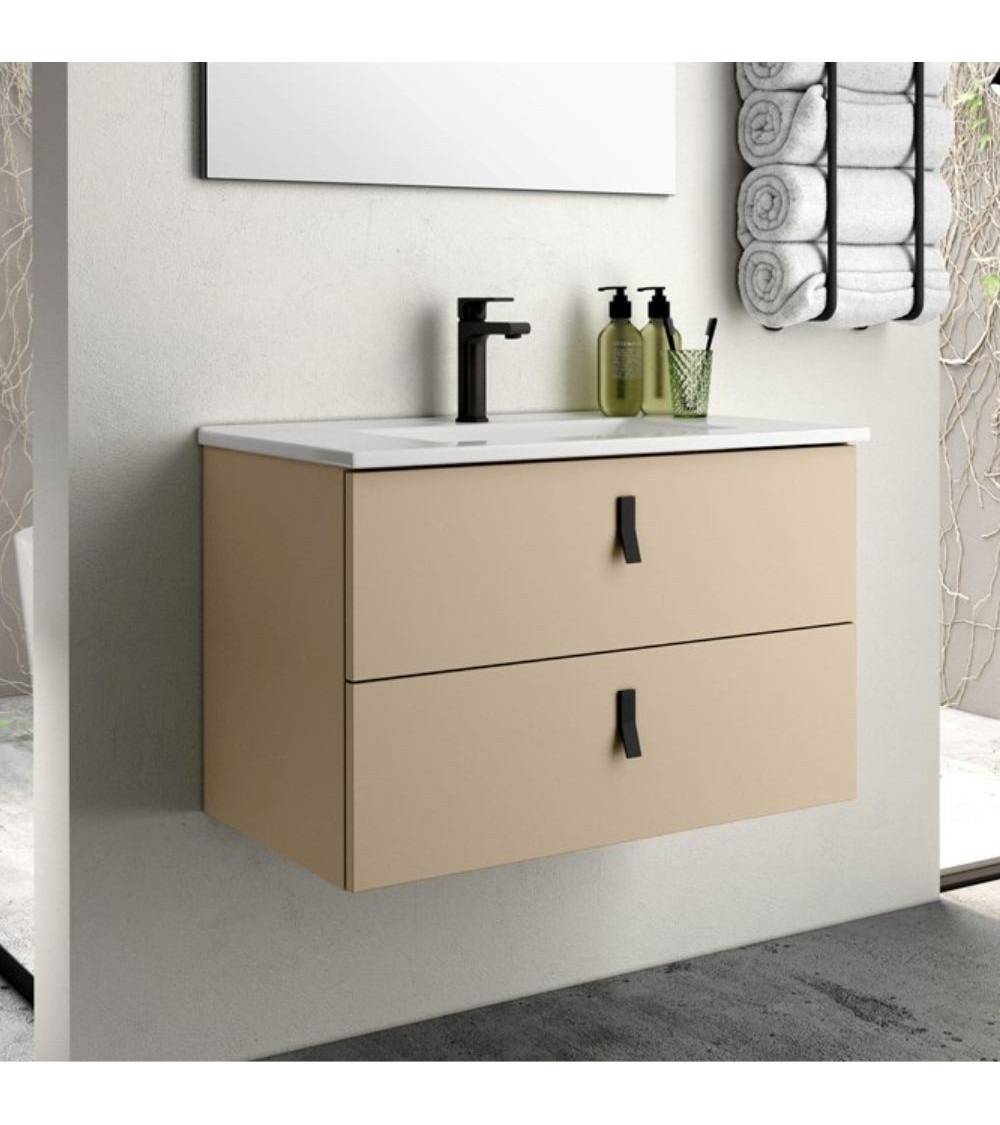 Mobile bagno sospeso Invicta con due cassetti colore cappuccino e maniglie nere 60x45x48 cm.