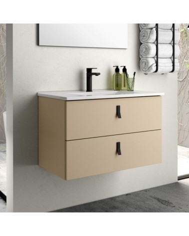 Mobile bagno sospeso Invicta con due cassetti colore cappuccino e maniglie nere 60x45x48 cm.