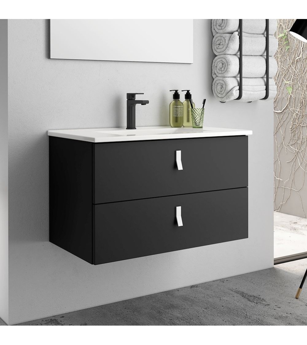 Mobile bagno sospeso Invicta con due cassetti colore nero e maniglia bianca 80x45x48 cm.