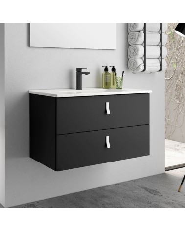 Mobile bagno sospeso Invicta con due cassetti colore nero e maniglia bianca 80x45x48 cm.
