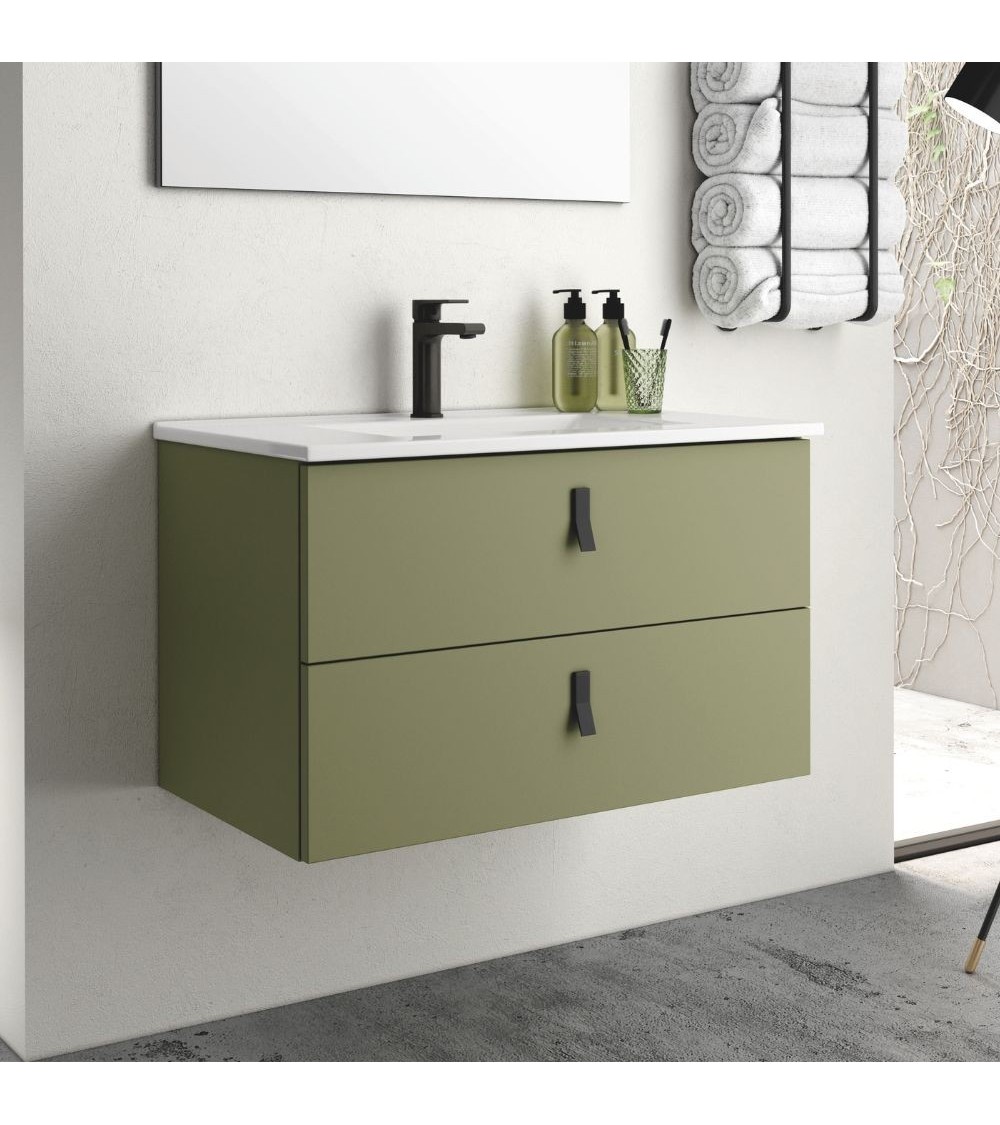 Mobile bagno sospeso Invicta con due cassetti colore verde oliva con maniglie nere 80x45x48 cm.