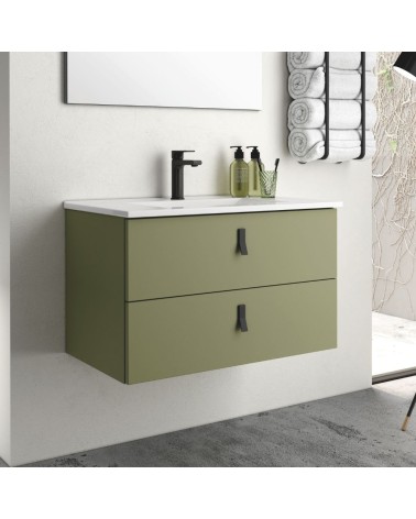 Mobile bagno sospeso Invicta con due cassetti colore verde oliva con maniglie nere 80x45x48 cm.