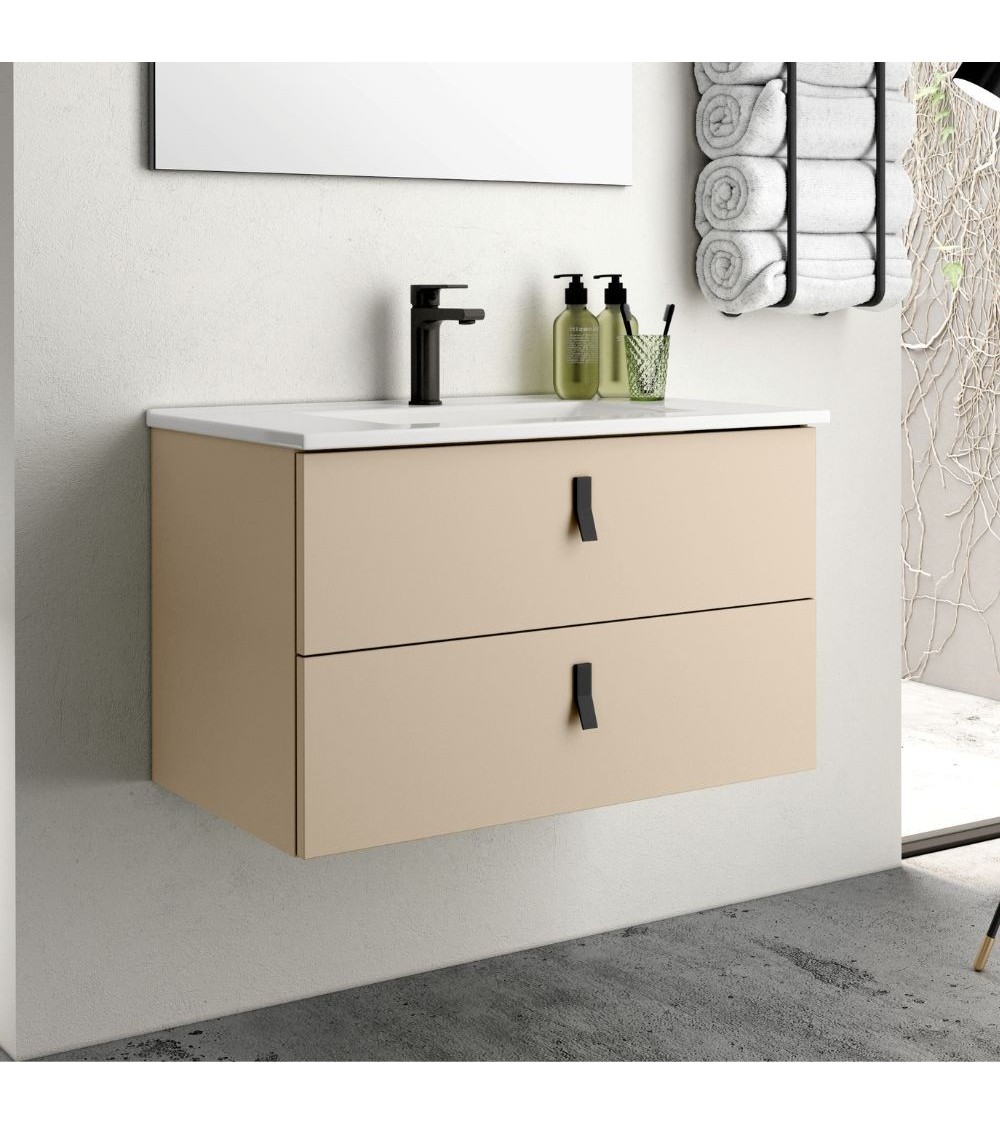 Mobile bagno sospeso Invicta con due cassetti colore cappuccino con maniglie nere 80x45x48 cm.
