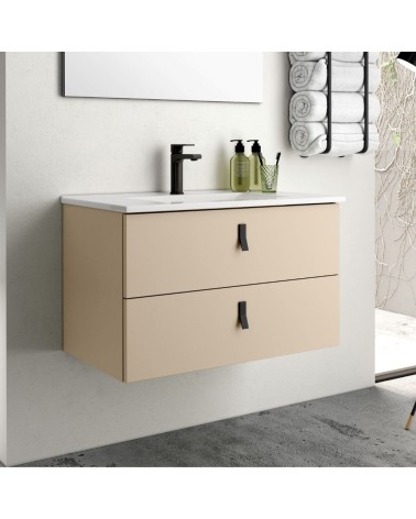 Mobile bagno sospeso Invicta con due cassetti colore cappuccino con maniglie nere 80x45x48 cm.