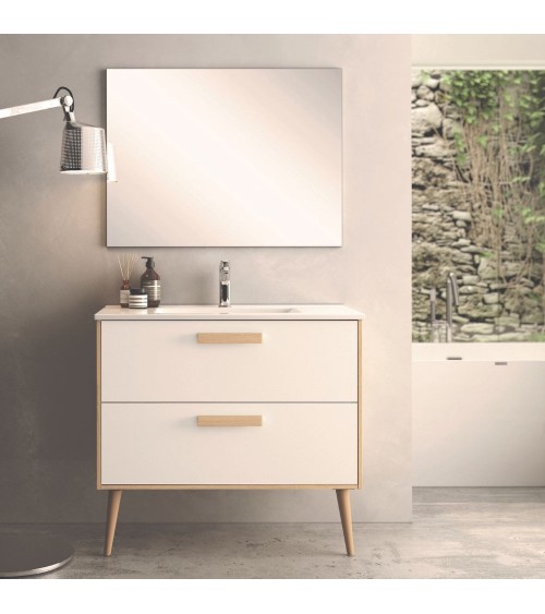 Mobile bagno Nordic con struttura in rovere e 2 cassetti bianco opaco