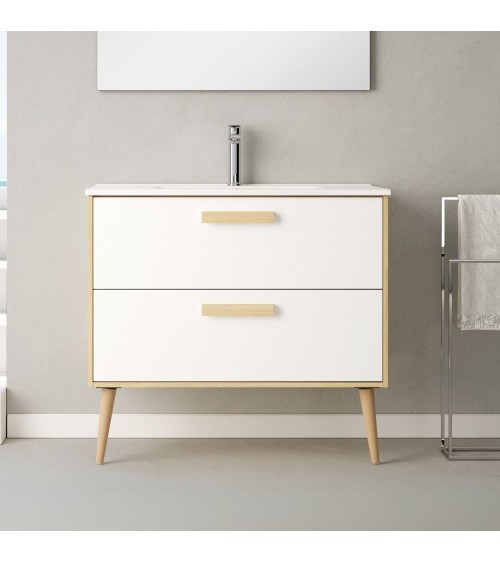 Mobile bagno Nordic con struttura in rovere e 2 cassetti bianco opaco