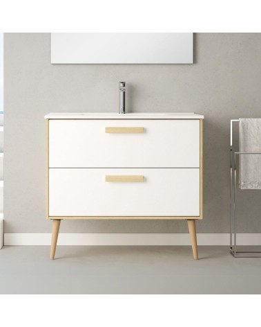 Mobile bagno Nordic con struttura in rovere e 2 cassetti bianco opaco