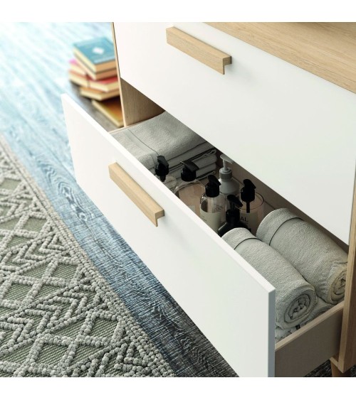 Mobile bagno Nordic con struttura in rovere e 2 cassetti bianco opaco