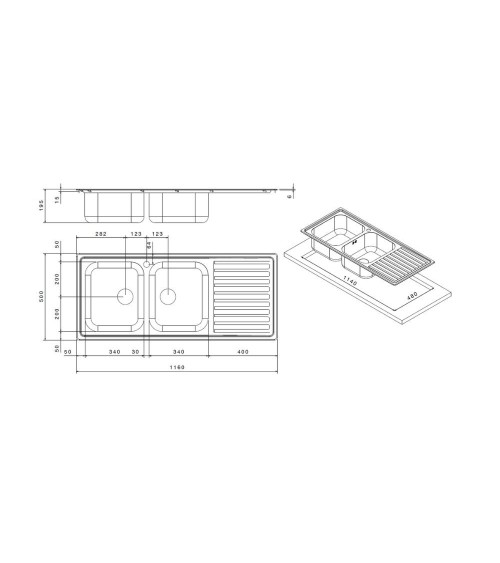 Lavello SAXT333A 2 vasche 116x50 cm gocciolatoio destro