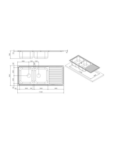 Lavello SAXT333A 2 vasche 116x50 cm gocciolatoio destro